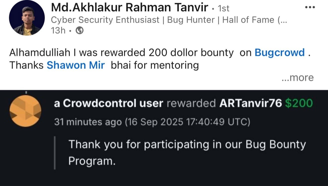 Rewarded $200 Bounty from Bugcrowd